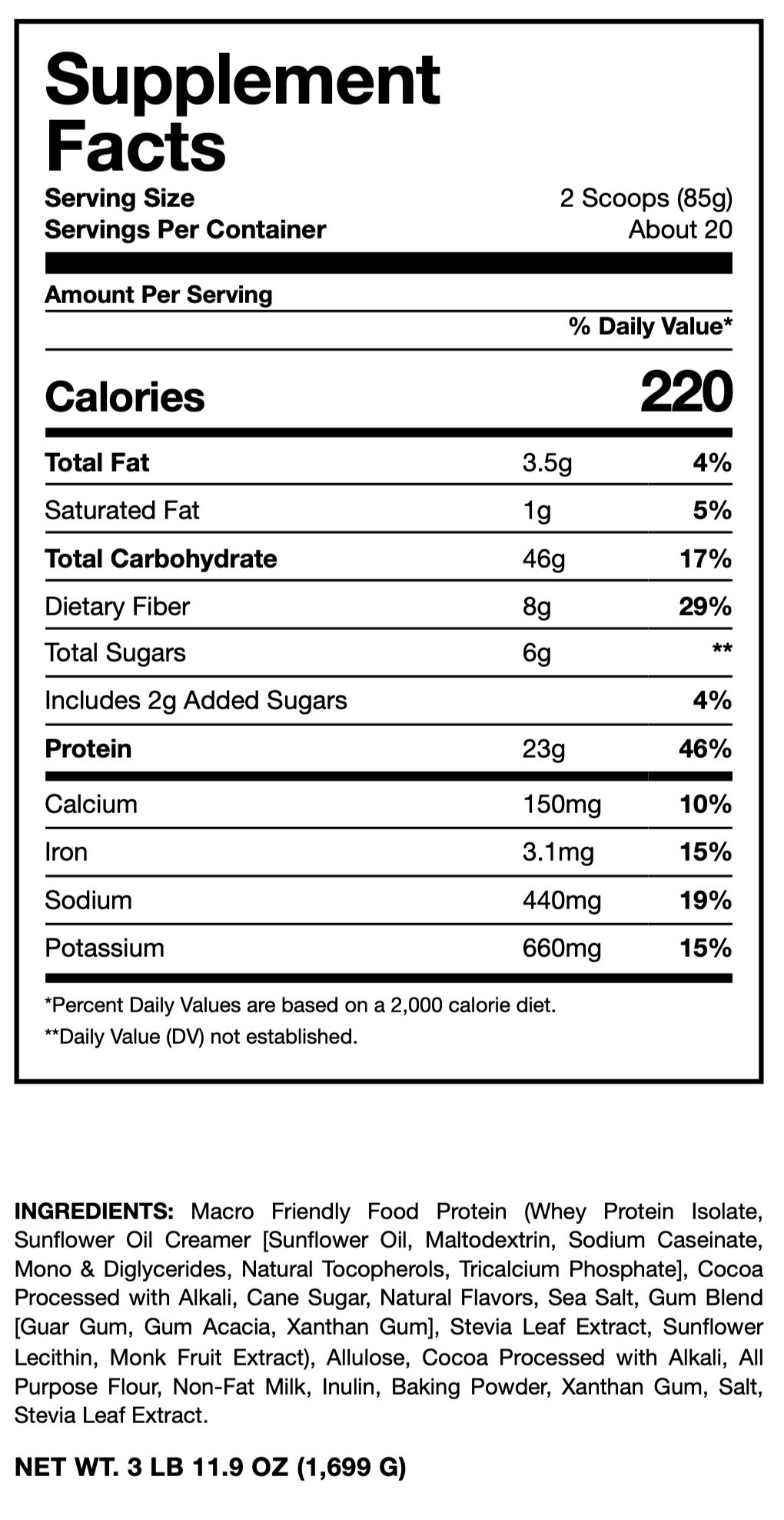 Chocolate Protein Mug Cake Supplement Facts Panel with ingredients list