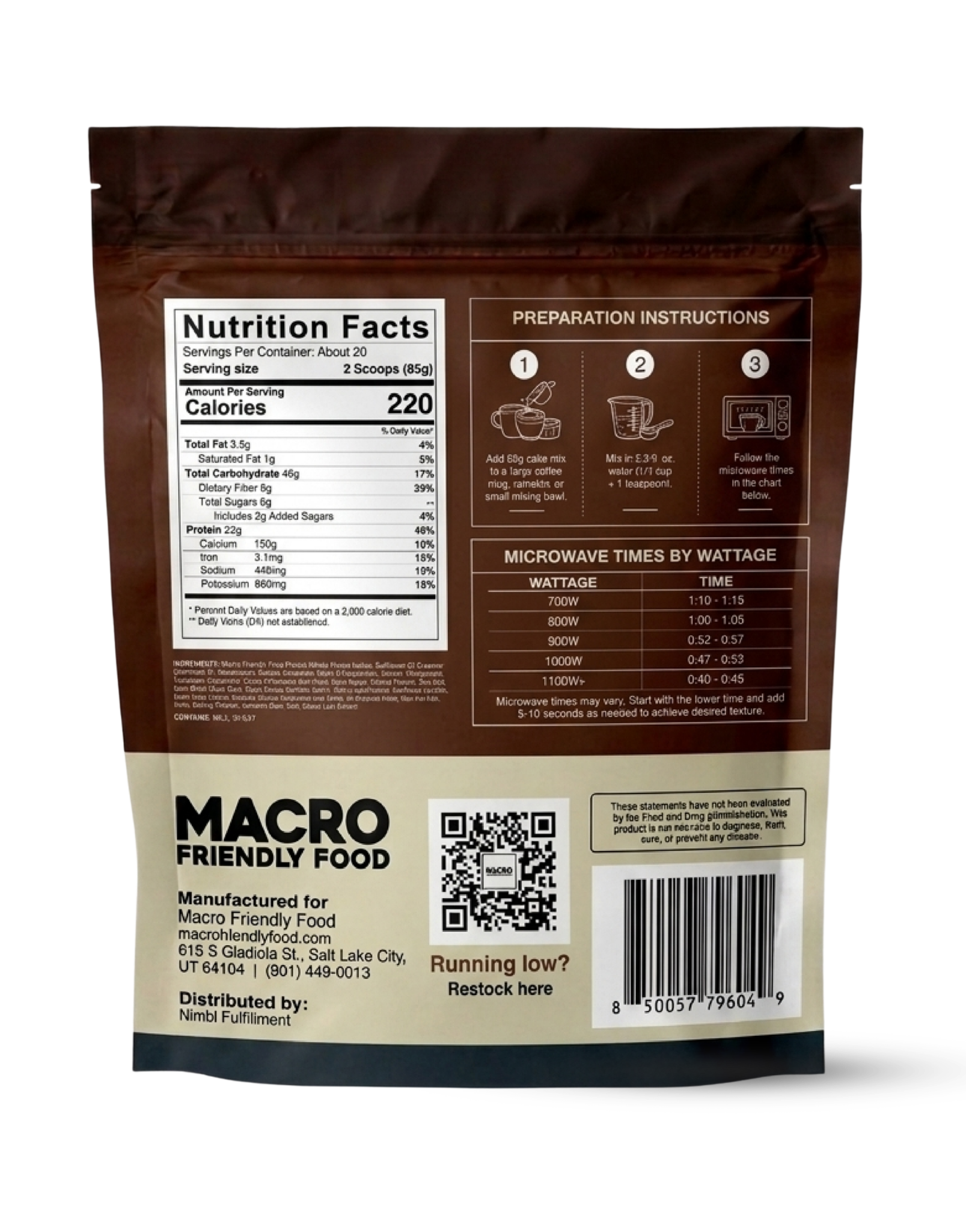 Chocolate Protein Mug Cake pouch back with nutrition facts