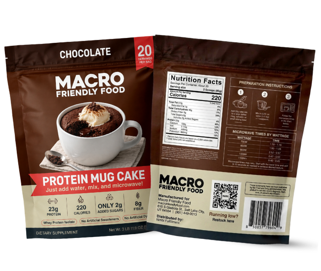 Macro Friendly Food Chocolate Protein Mug Cake pouch front and back