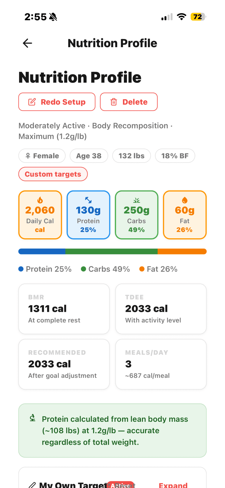 The macro calculator in the MFF App